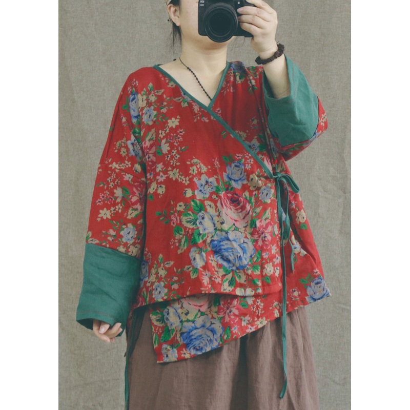 Chic Red Print Lace Up Patchwork Cotton Tops Long Sleeve