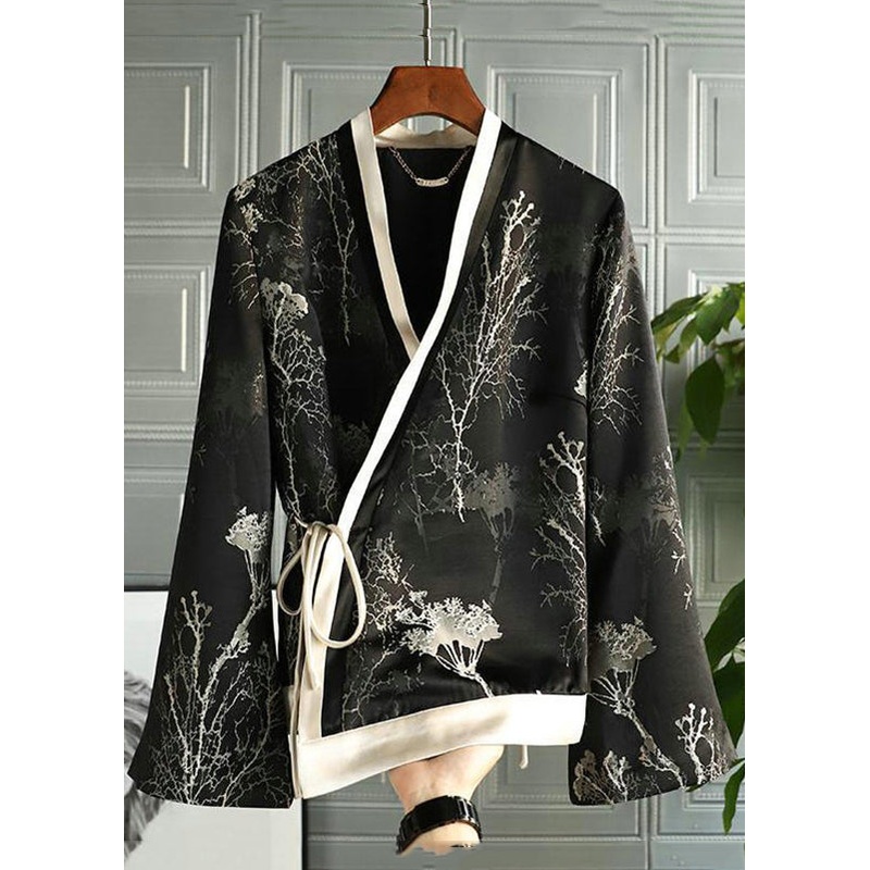 Chinese Style Black V Neck Jacquard Lace Up Silk Tops Fall
