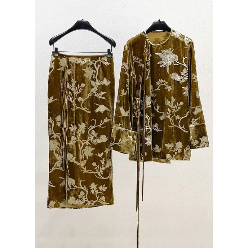 Chinese Style Embroideried Lace Up Patchwork Silk Velour Two Pieces Set Fall