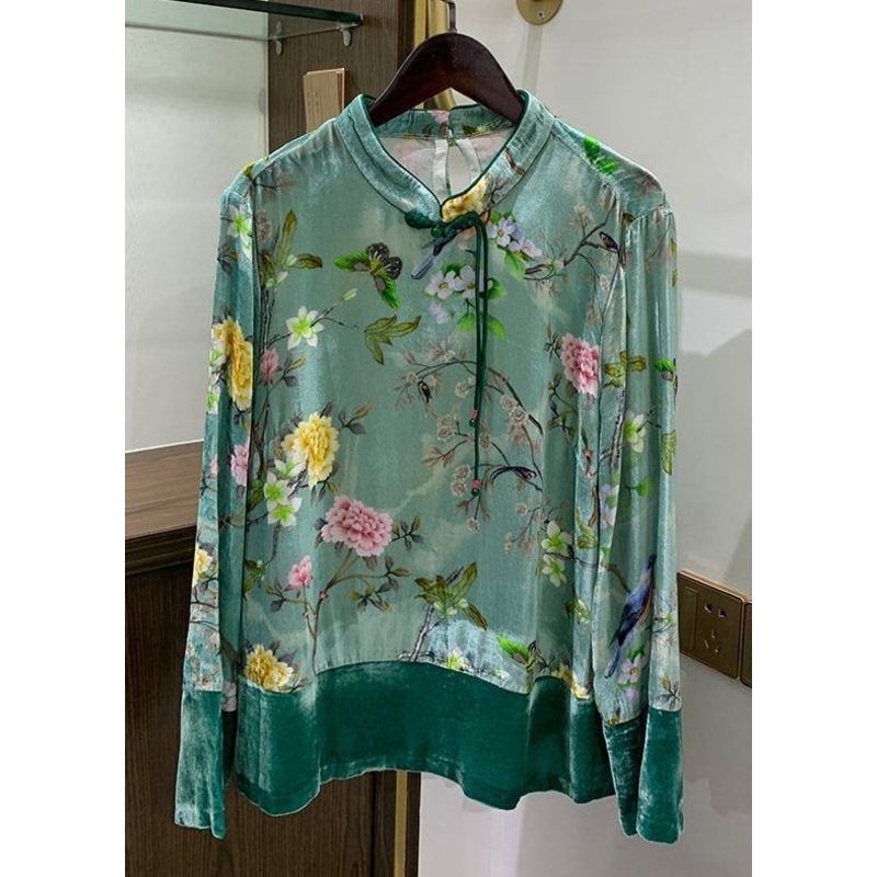 Chinese Style Green Button Print Patchwork Silk Velour Shirts Fall