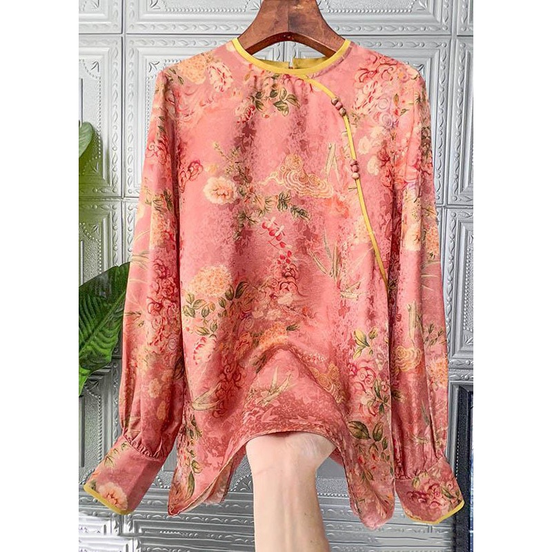 Chinese Style Print O-Neck Patchwork Silk Tops Fall