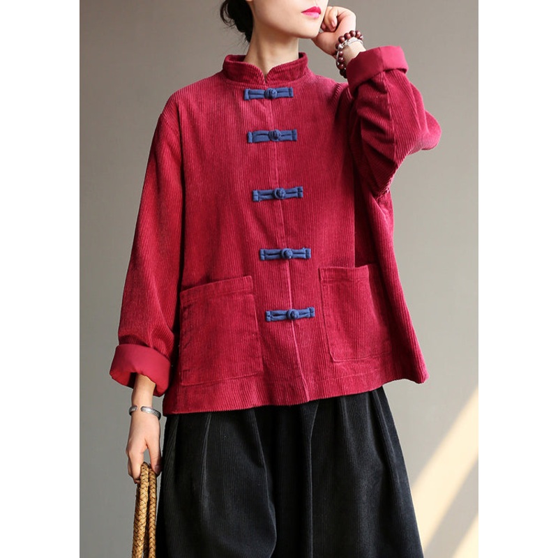 Chinese Style Wine Red Pockets Button Corduroy Coats Long Sleeve
