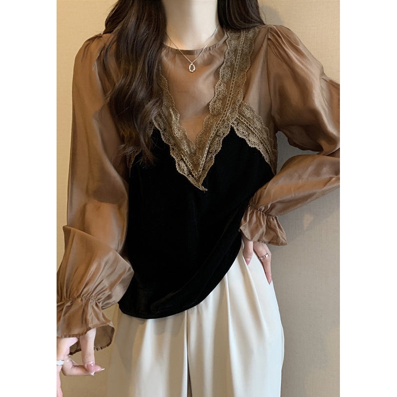 Classy Camel Ruffled Lace Patchwork Cotton Tops Fall