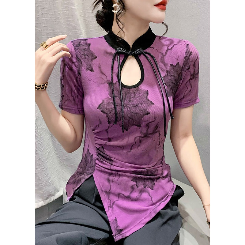 Classy Purple Asymmetrical Hollow Out Tops Short Sleeve