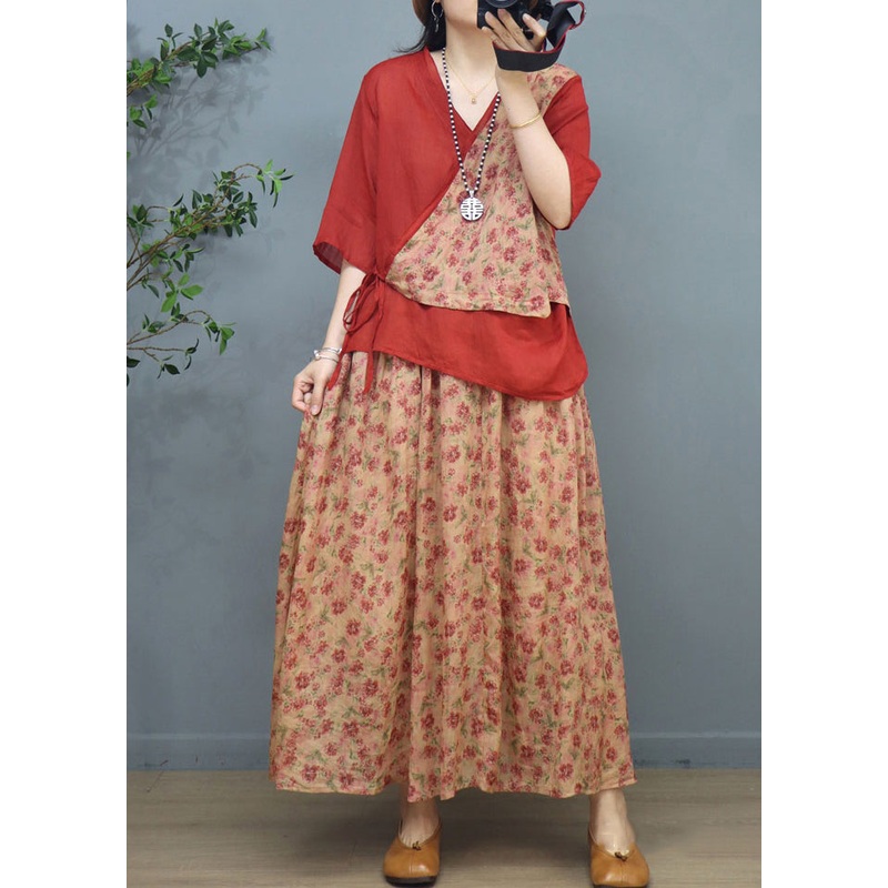 Classy Red Asymmetrical Print Patchwork Cotton Two Pieces Set Summer