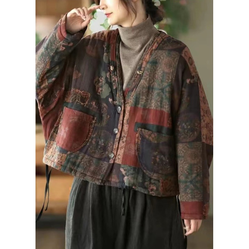 Colorblock Print Pockets Patchwork Cotton Coat V Neck Long Sleeve
