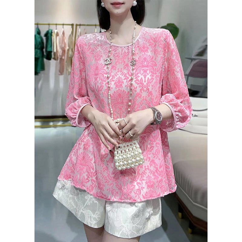 Cute Pink O-Neck Silk Velour Patchwork Chiffon T Shirt Fall