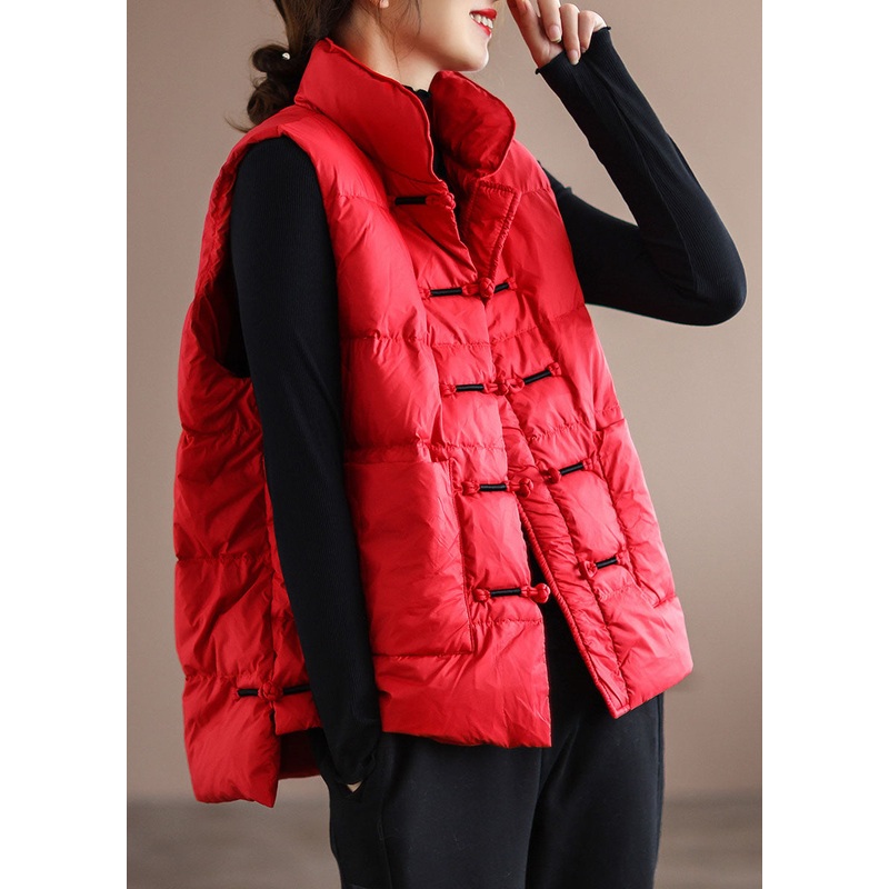 DIY Red Stand Collar Pockets Oriental Winter Puffer Vest