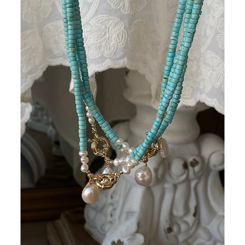 Elegant Green Copper Turquoise Pearl Pendant Necklace