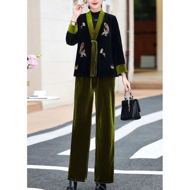 Elegant Green V Neck Embroideried Silk Velour Coats And Pants Two Piece Set Fall