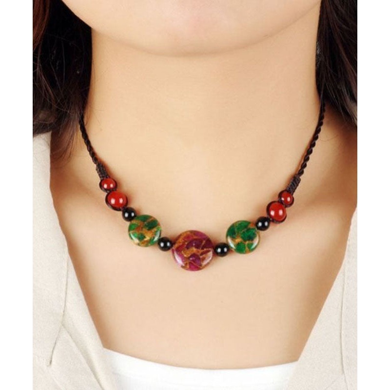 Fashion Red Agate Green Agate Golden Colored Stone Gratuated Bead Necklace