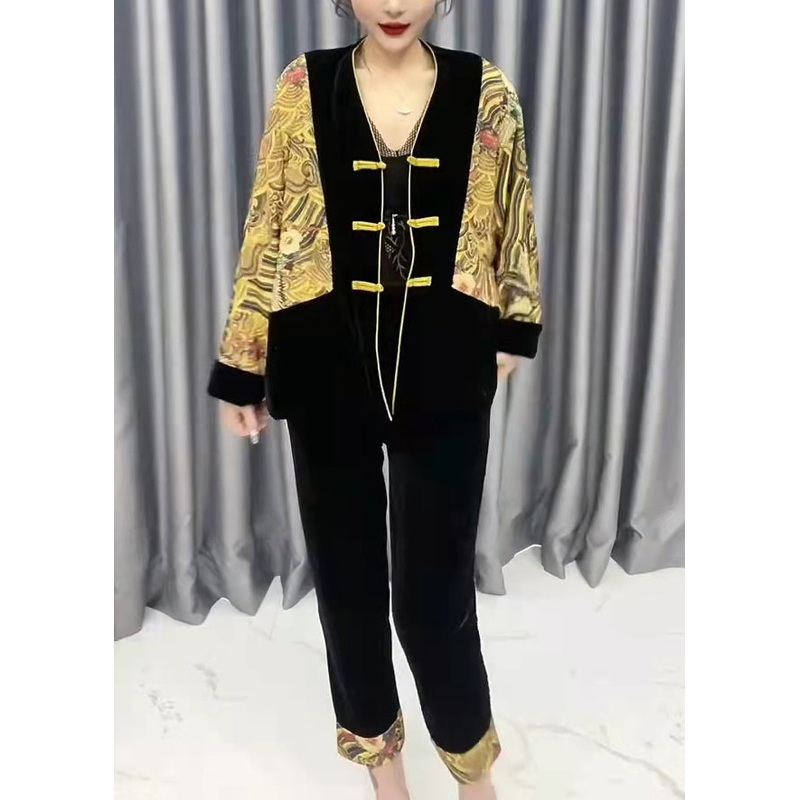 Fashion Yellow V Neck Print Patchwork Silk Velour Coats And Crop Pants Two Pieces Set Fall