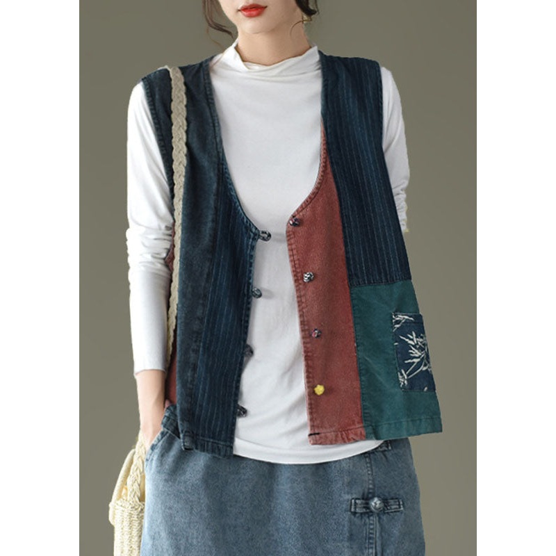 Fitted V Neck Button Patchwork denim Tanks Sleeveless