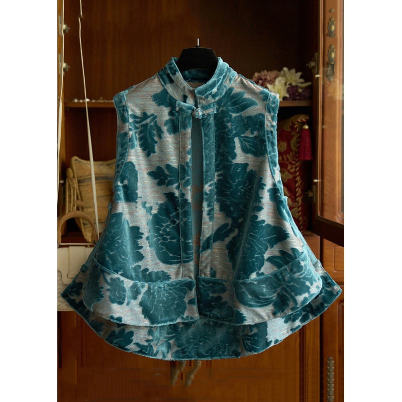 French Blue Print Low High Design Cotton Waistcoat Sleeveless