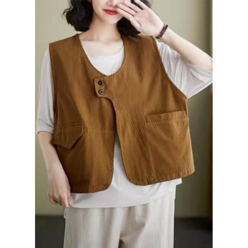 French Coffee Pockets Patchwork Cotton Vest Sleeveless