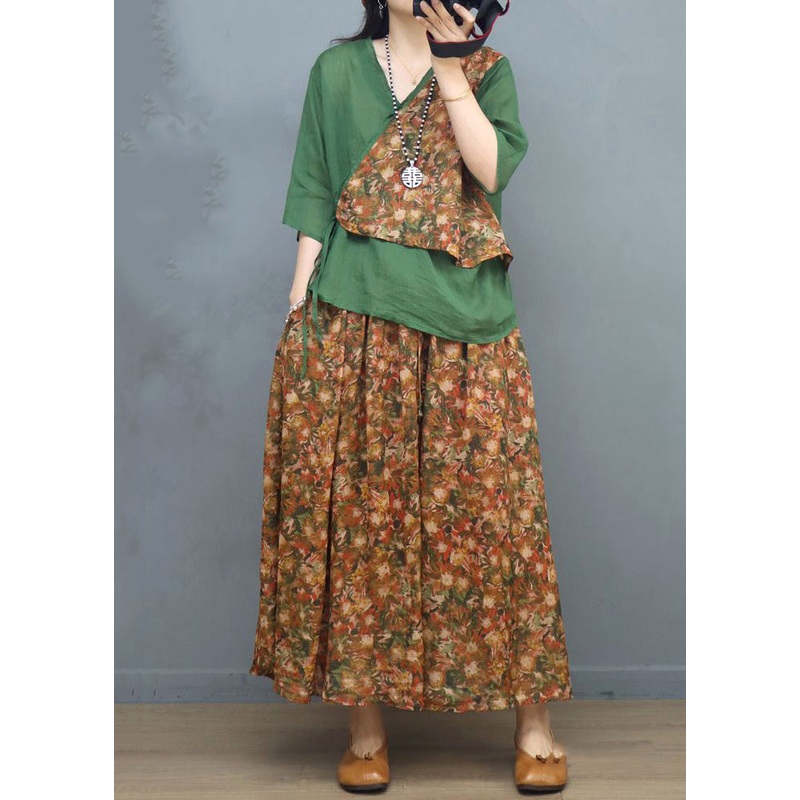 Green Lace UP Patchwork Cotton Two Piece Set V Neck Half Sleeve