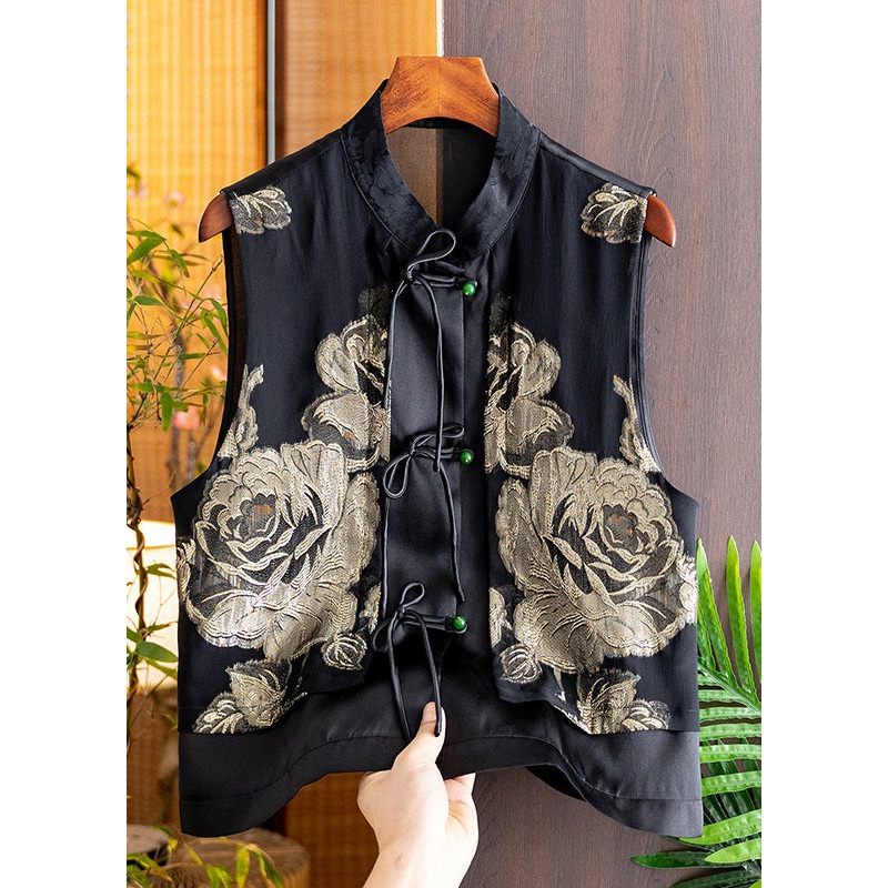 Handmade Black Stand Collar Embroideried Button Silk Cardigans Sleeveless