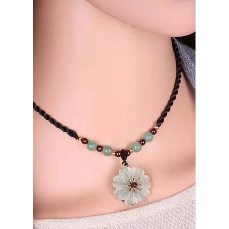 Handmade Green Crystal Jade Floral Pendant Necklace