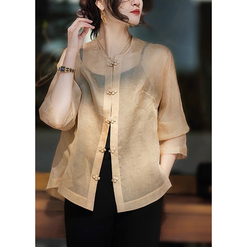 Jacquard Apricot O-Neck Patchwork Silk UPF 50+ Coats Long Sleeve