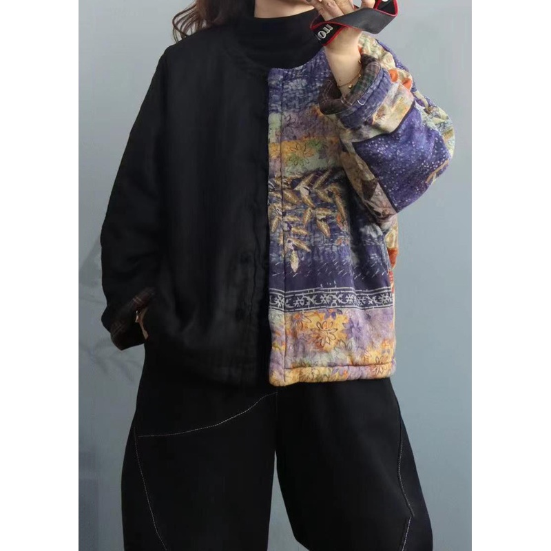 Loose Black Asymmetrical Print Patchwork Cotton Coats Fall
