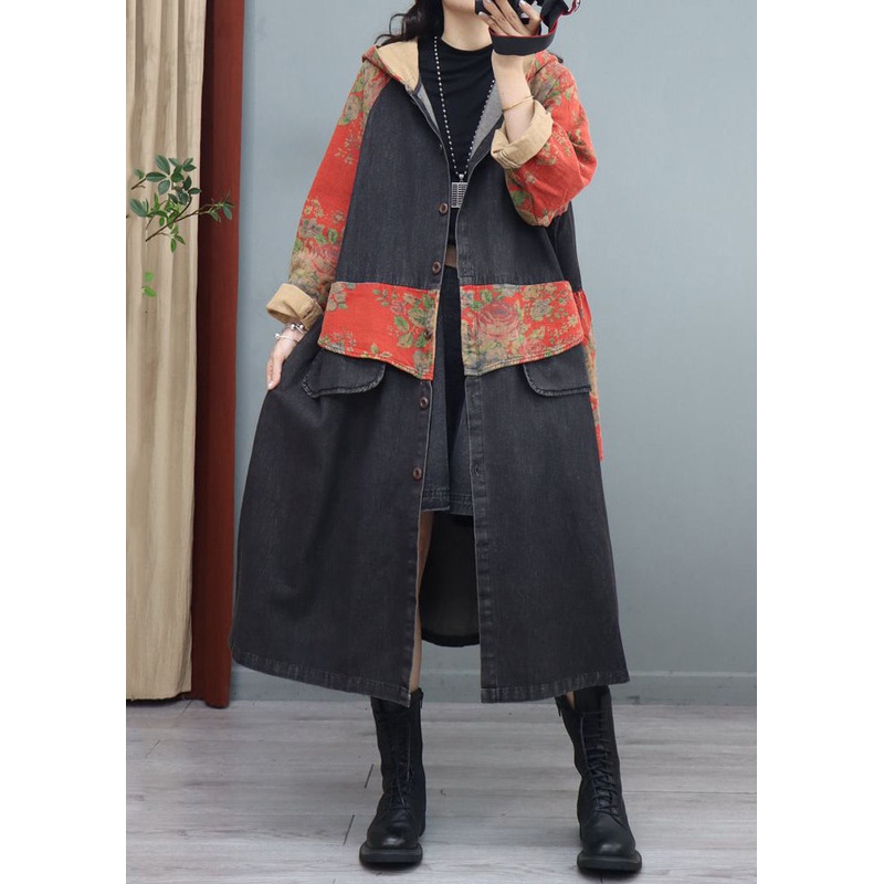 Loose Black Hooded Pockets Patchwork Denim Long Coats Fall