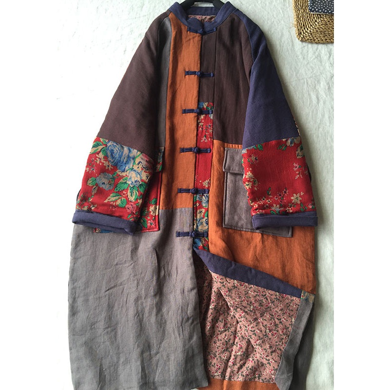 Loose Colorblock Chinese Button Pockets Patchwork Cotton Thin Coat Fall