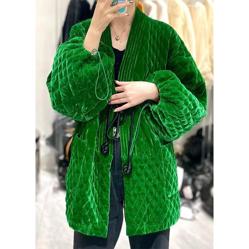 Loose Green Drawstring Pockets Patchwork Cotton Tops Winter