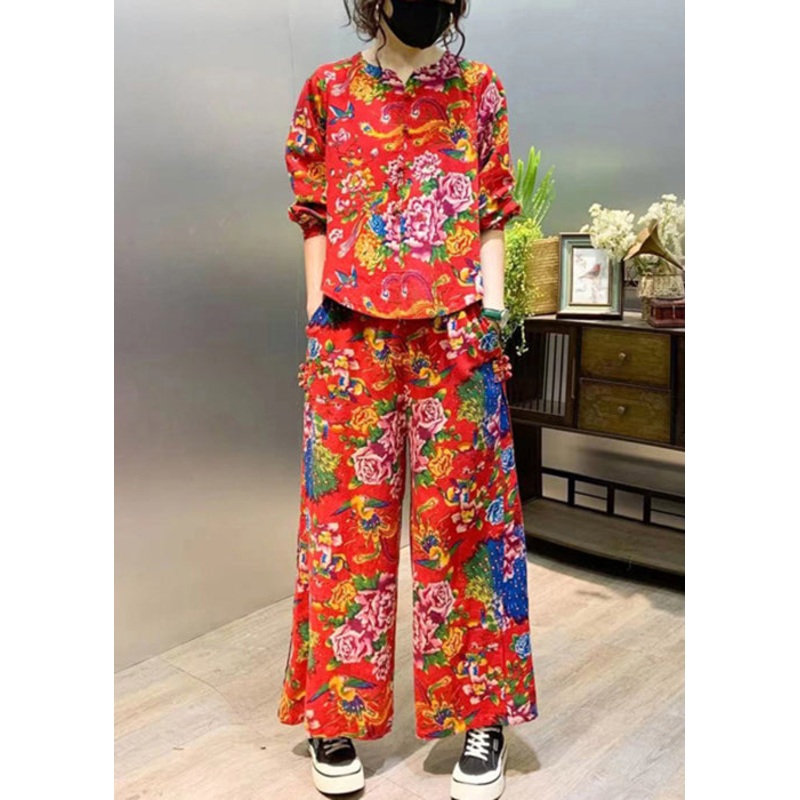 Loose Red Print Pockets Patchwork Cotton Two Pieces Set Fall