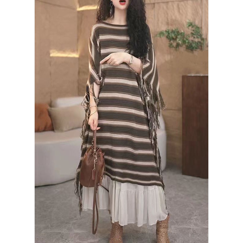 Loose Striped Tasseled Patchwork Knit Long Dresses Fall