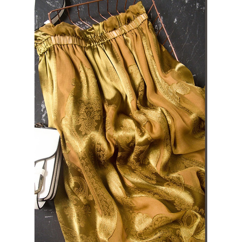 Loose Yellow Embroideried Elastic Waist Silk Skirt Fall