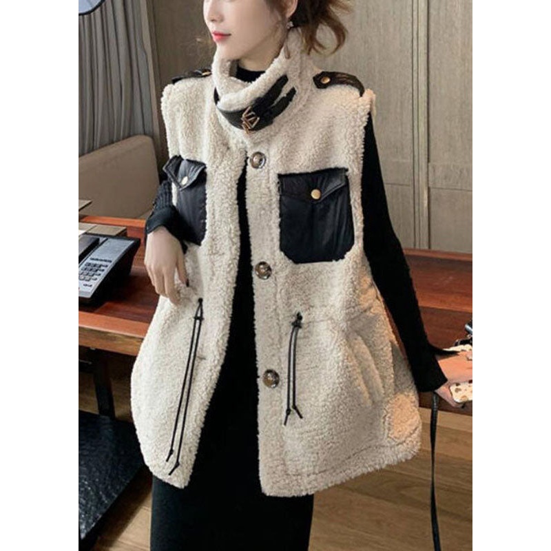 Modern Beige drawstring Pockets Winter Sleeveless Teddy Vest Jacket