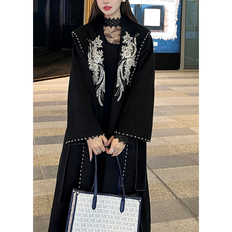 Modern Black Embroideried Tie Waist Woolen Trench Coat Long Sleeve
