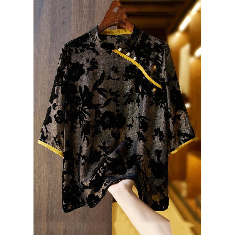 New Black Stand Collar Button Silk Shirt Bracelet Sleeve