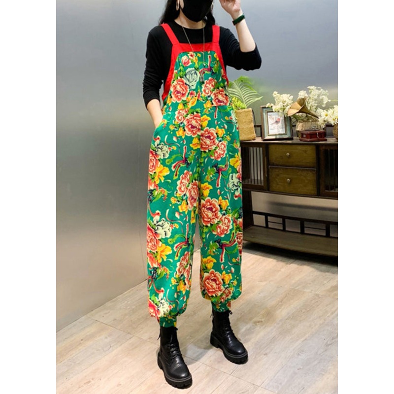 New Green Print Patchwork Cotton Jumpsuit Sleeveless