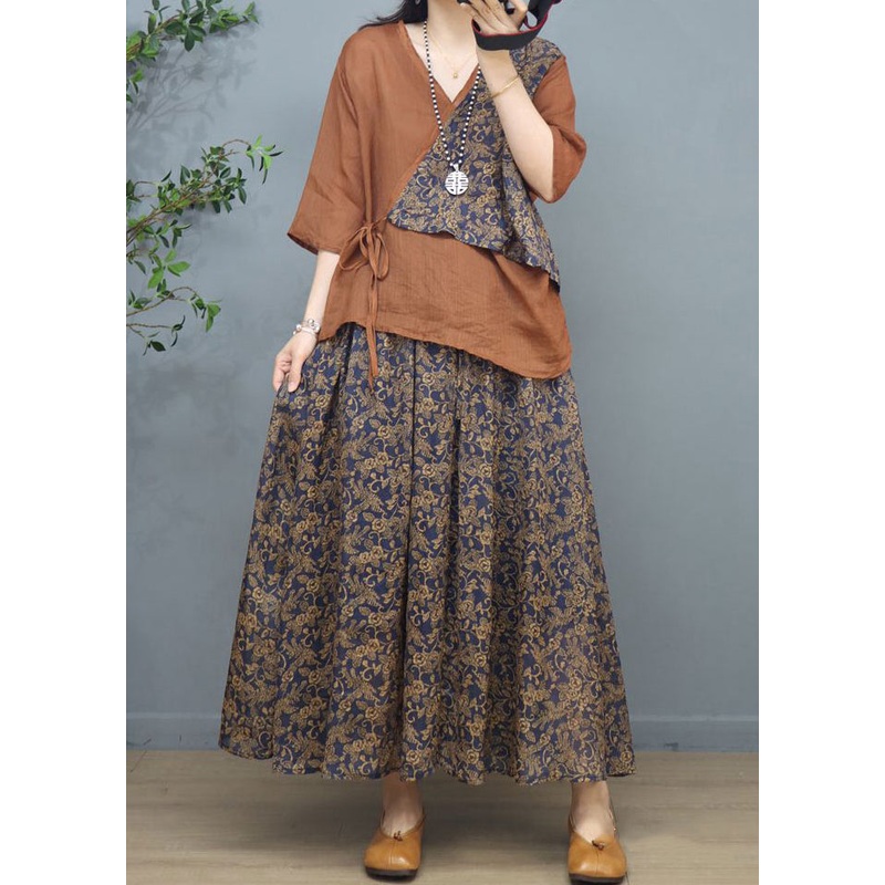 New Khaki Print Patchwork Tops And Skirts Cotton Two Pieces Set  Summer