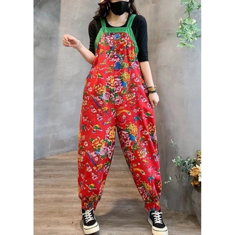 Red High Waist Patchwork Cotton Jumpsuits Pockets  Fall