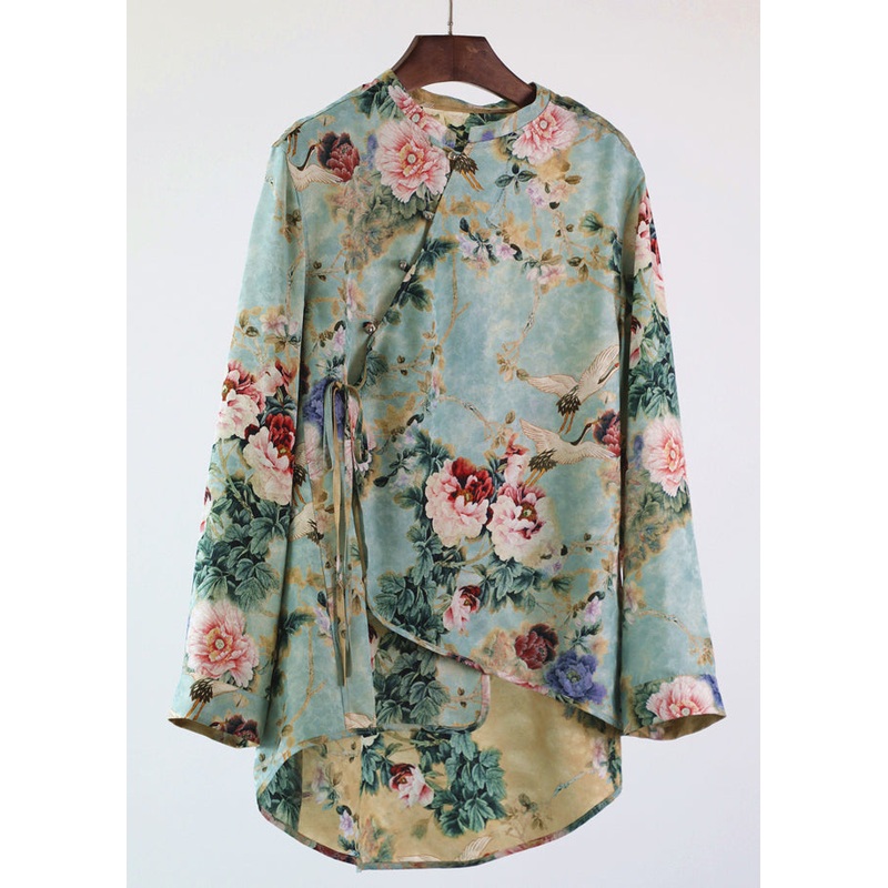 Retro Green Button Print Low High Design Silk Shirt Fall