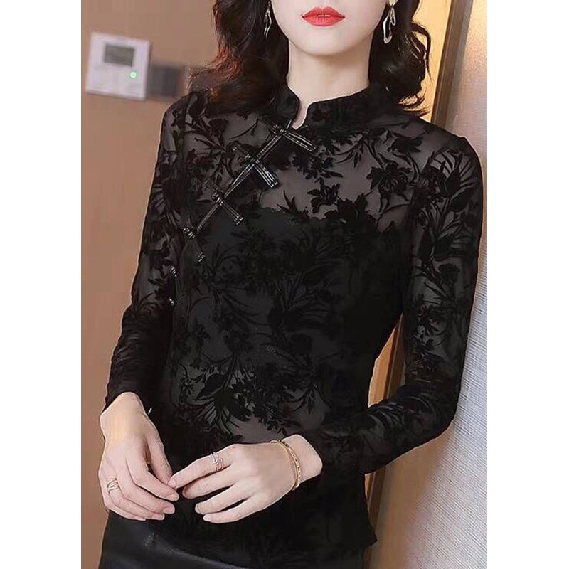 Sexy Black Stand Collar Embroideried Lace Top Fall