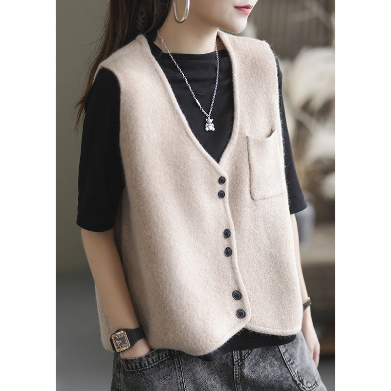 Simple Apricot V Neck Pockets Solid Knit Vest Tops Sleeveless