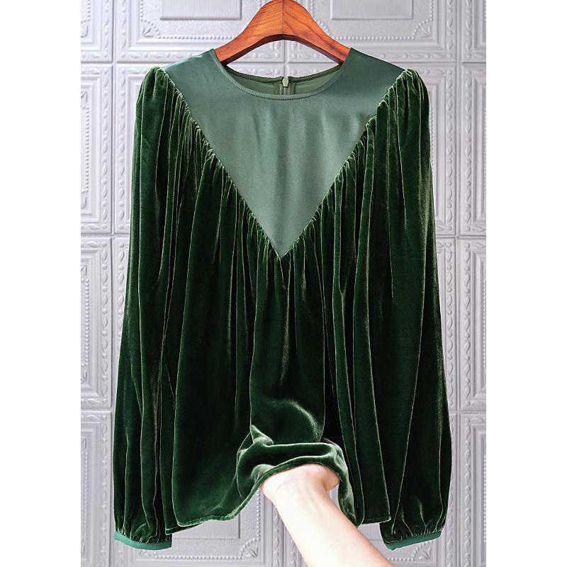 Simple Blackish Green O Neck Wrinkled Patchwork Silk Velour Top Fall