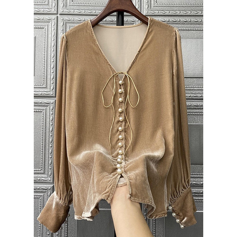 Simple Brown V Neck Pearl Patchwork Silk Velour Top Long Sleeve