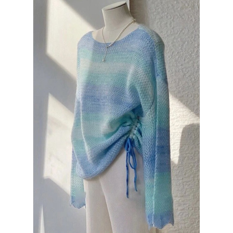 Simple Gradient Color O Neck Drawstring Patchwork Knit Top Fall