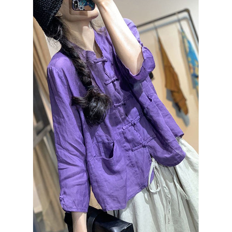 Simple Purple Pockets Button Tops Fall