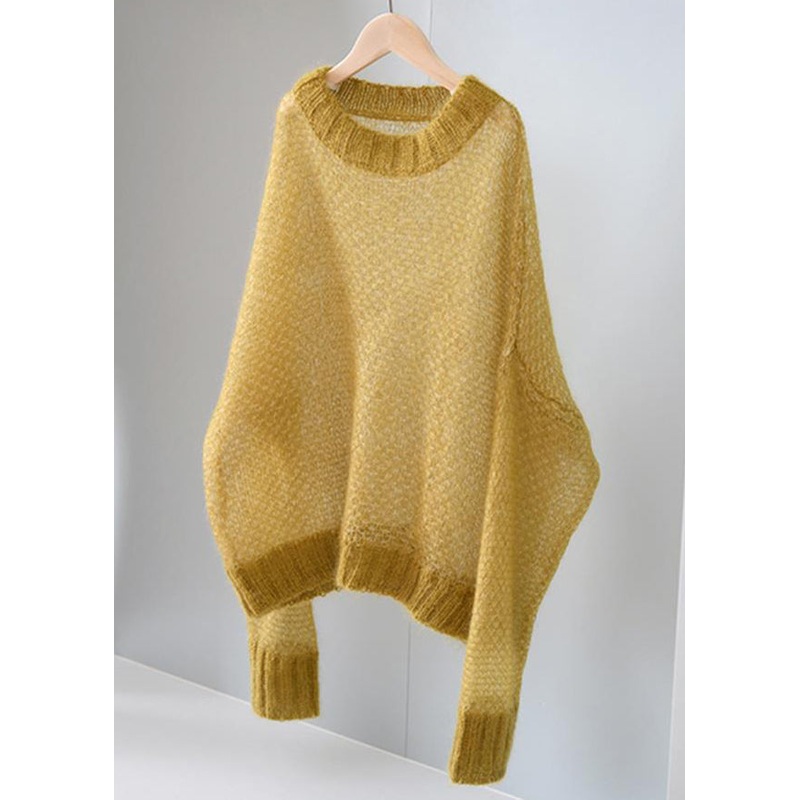 Simple Yellow O Neck Hollow Out Thin Cashmere Knit Top Fall