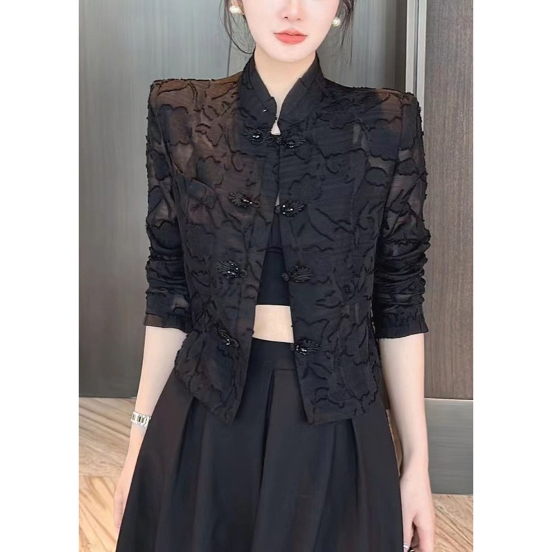 Slim Fit Black Stand Collar Embroideried Lace UPF 50+ Coats Long Sleeve