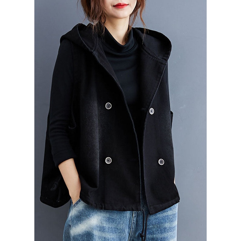 Unique Black Hooded Button denim Trench Sleeveless Vest