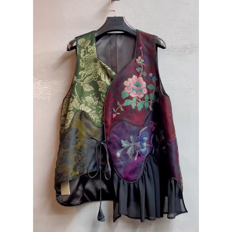 Unique Colorblock Asymmetrical Print Lace Up Patchwork Silk Waistcoat Sleeveless