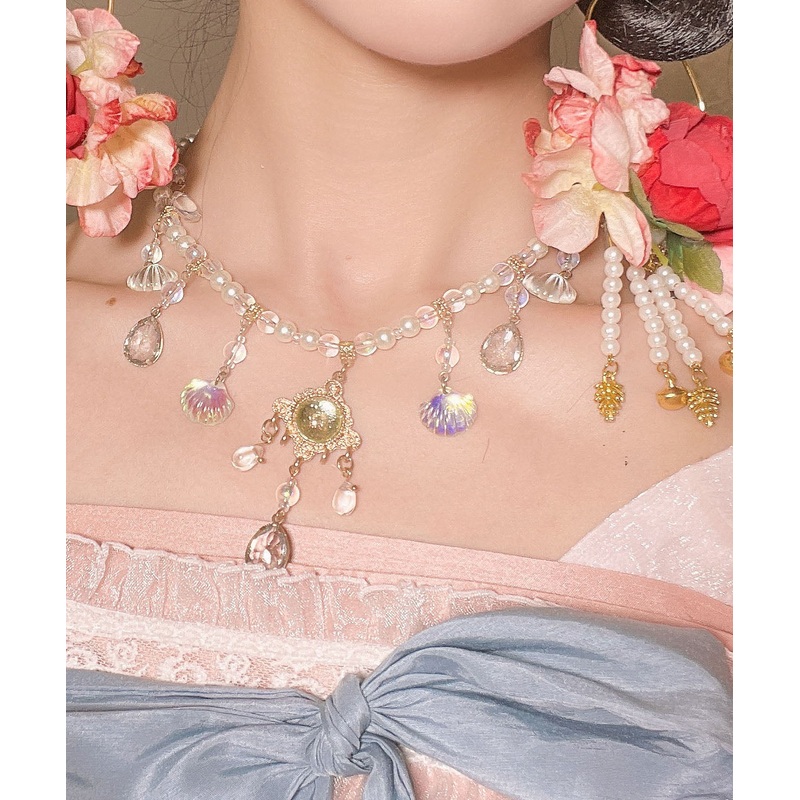 Unique Colorblock Pearl Shell Flower Lariat Necklace