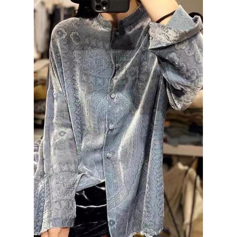 Unique Grey Button Patchwork Silk Velour Shirts Long Sleeve