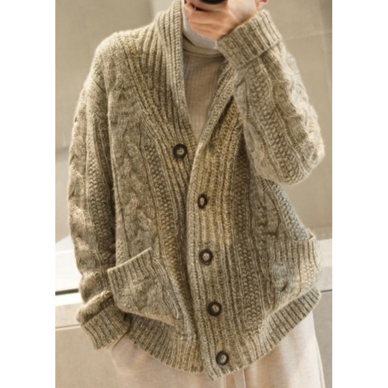 Unique Light Camel Button Pockets Patchwork Wool Knit Coats Fall
